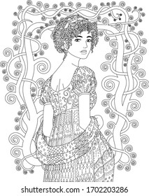 Coloring book for adults with beautiful magician wearing historical outfit