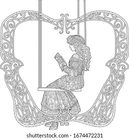 Coloring book for adults with beautiful medieval princess sitting on a swing and reading a book