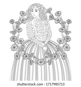 Coloring book for adults with beautiful medieval princess and flowers