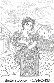 Coloring book for adults with beautiful princess dressed in historical outfit in the empire style stading in the cute village and medieval castle