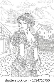 Coloring book for adults with beautiful princess dressed in historical outfit in the empire style stading in a cute village and beautiful castle in the background