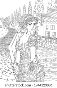 Coloring book for adults with beautiful princess dressed in historical outfit in the empire style standing in the cute european village