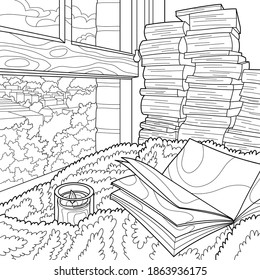 
Coloring book for adults. Black and white graphics. Reading a book with a view from the window