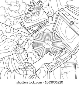 
Coloring book for adults. Black and white graphics. Girl listening to vinyl record on vinyl player sitting on floor with coffee