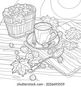 Coloring book for adults. Black and white graphics. Autumn still life.  Hot mug of tea surrounded by acorns and maple leaves. Cozy atmosphere