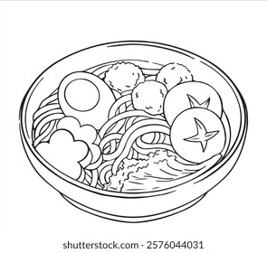 coloring book for adults. bowl of ramen, asian cuisine. vector illustration in doodle style, line drawing