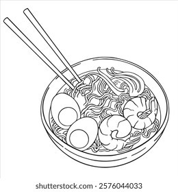 coloring book for adults. bowl of ramen, asian cuisine. vector illustration in doodle style, line drawing