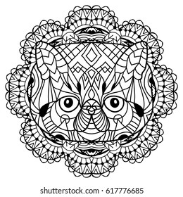 Coloring book for adults. Cat book. The head of a cat on the background circular tribal pattern. Line art design. Hand drawn vector illustration