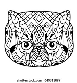 Coloring book for adults. Cat book. The head of a cat on the background with tribal pattern. Line art design. Hand drawn vector illustration