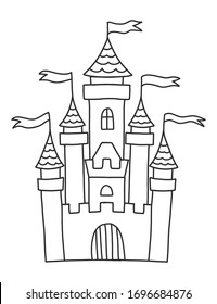 Coloring book for adults and children with a beautiful castle or palace. Castle with towers and flags. A magical story for creativity and coloring. A series of coloring books about the kingdom