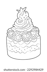 Coloring book for adults and children Berry cupcake. Raspberries and strawberries in cream on the cake.