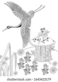 Coloring Book for adults and children. Colouring pictures with stork. Linear engraved art. Bird concept. Romantic concept.