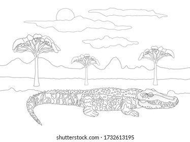 Coloring book for adults and children with a crocodile against the backdrop of a landscape with trees and sky. Wild toothy animal on the background of clouds and the sun in lines.