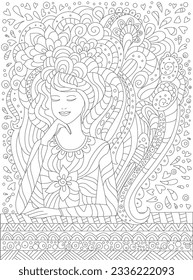 coloring book for adults and children. a dreaming girl smiling with closed eyes. portrait of a sitting woman at her desk with a bizarre hairstyle. colouring page with a zentangle pattern