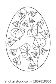 Libro de Colores para adultos y niños, Huevo de Pascua decorado con hojas. Patrón de estilo lineal de Pascua feliz.