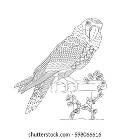 Coloring book for adults and children. Fantasy bird on a branch. Black and white vector illustration.