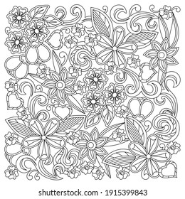 Coloring Book For Adults And Children.. Floral Cartoon Vector Doodle Designs . Sketchy Compositions With Spring Doodles Objects. Hand Drawn Illustrations Isolated On White . Line Art Background .