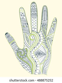 coloring book for adults and children, handmade tattoo decorative ornament on his arm. zentangle. Image for t-shirts, postcards, flyers. EPS 8