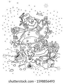 Coloring book, coloring book for adults, coloring book for children, Happy new year, Merry christmas, Snowman.