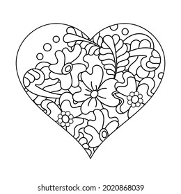 Coloring book for adults and children. Heart. Hand-drawn ornament with flowers. Vector monochrome Doodle background for Valentine greeting card and other holidays.