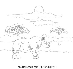 Coloring book for adults and children with realistic rhino on a background of landscape with trees. Wild horned animal on a background of clouds and the sun in lines. Coloring page with a wild animal