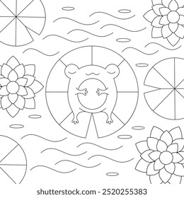 Coloring book for adults and children with a relaxed frog and water lilies
