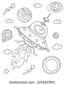 Libro de Colores para adultos y niños. Vuelo espacial. OVNI vuela entre planetas. Ilustración del vector