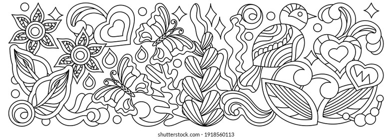 Coloring book for adults and children. Spring or summer border, butterfly, bird, plants