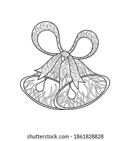Coloring book for adults and children Two bells with a ribbon bow. Monochrome Hand-drawn anti-Stress coloring. Vector cute Doodle bells