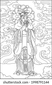 Coloring book for adults. Chinese monk in national dress. Ancient world. Vector image.