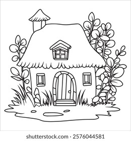 coloring book for adults. cute forest house. vector illustration in doodle style, line drawing