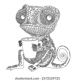 coloring book for adults. cute lizard chameleon with a cup of coffee. vector black and white illustration