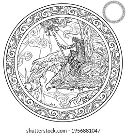 Coloring book for adults A female magician in plate armor with a magic staff casts a spell and flies astride a beautiful phoenix with sharp claws and feathers. 2d illustration