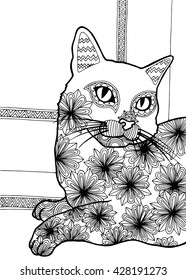 Coloring book for adults, flower cat