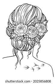 Coloring book for adults. Girl with a hairstyle braided in the hair of rose flowers. Vector black contour image on a white background