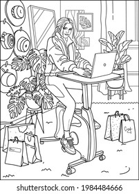 Coloring book for adults. Girl on a stationary bike at home, freelance. Flowers and purchases are all around. Vector black and white image. Room, interior.