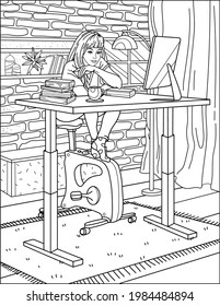 Coloring book for adults. Girl on a stationary bike at home, freelance. Brick wall. Vector black and white image. Room, interior.