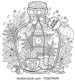 Coloring book for adults. A glass vessel with autumn memories of dreams about a trip to London. A bottle with rain, boots, leaves, a cup of tea, big ben tower london, Victoria Tower, 