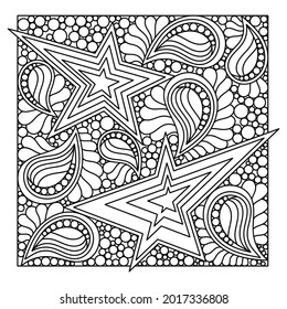 Coloring book for adults. Hand drawn Stars, paisley, an abstract element. Holiday illustration. Vector black and white motif for design.