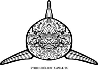 Coloring book for adults. Hand-drawn illustration. Ink pen. Head shark with tribal patterns.Tattoo. Antistress.