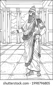 Coloring book for adults. History. Ancient world. Sumerian king in beautiful clothes in the castle. Sumerians. Black and white vector image.