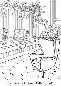 Coloring book for adults. Home office, armchair, laptop. Vector black and white image. Room, interior.