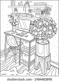 Coloring book for adults. Home office, computer, lemon tree, shelves, interior. Vector black and white image. Room, interior.