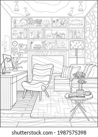 Coloring book for adults. Home office, study room. Room interior, black and white image.