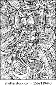 Coloring book for adults. An Indian female deity with four arms, a doll body, a spear and a shield, and masks flying around her face. Praying with a beatific face. Floating in the rays of the sun.
