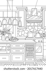 
Coloring book for adults. Interior coloring. Kitchen. Kitchen coloring. Coloring book. Room design. Vector black and white illustration.