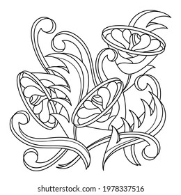 Coloring book for adults. An interweaving of fantastic flowers and stylized leaves. Hand drawn Decorative elements. Vector illustration.