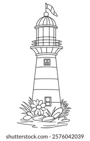 Coloring book for adults, lighthouse. cute vector illustration, line drawing.