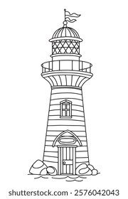 Coloring book for adults, lighthouse. cute vector illustration, line drawing.