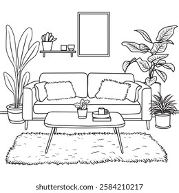 coloring book for adults. living room interior in Scandinavian style. black and white illustration in sketch style.